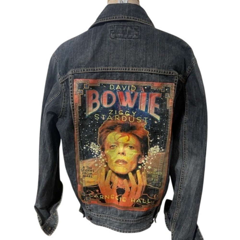 David Bowie Ziggy Stardust Graphic oversized Denim Jacket Womens small Rock Band